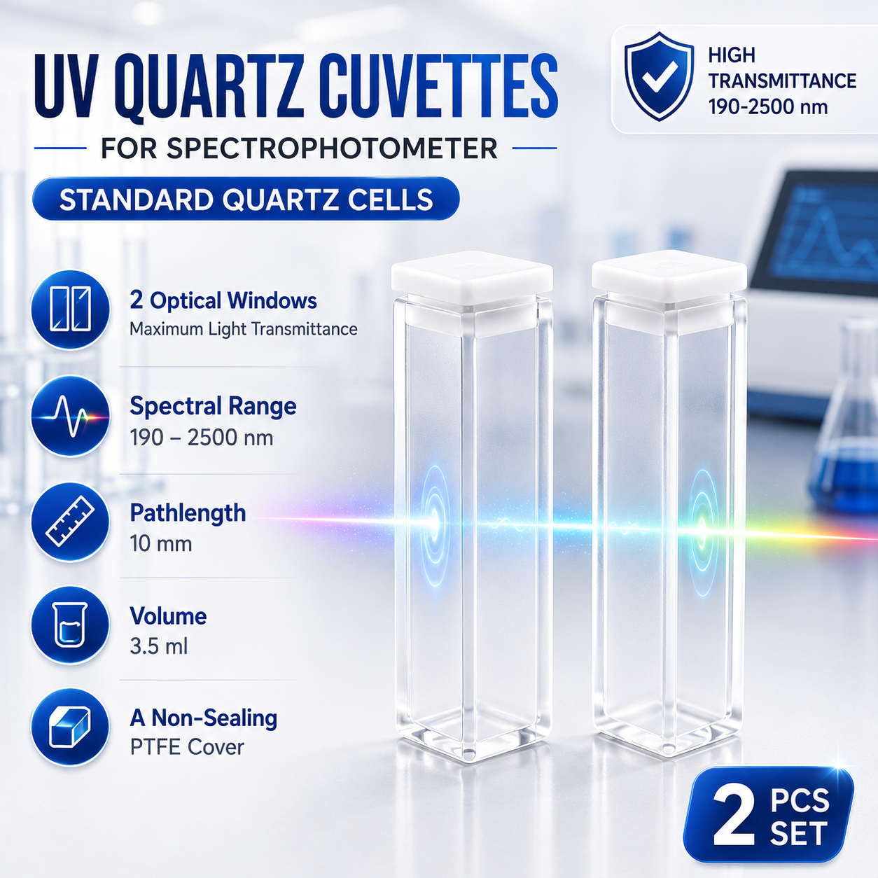 UV Quartz Cuvette For Spectrophotometer, Pathlength 10mm, Volume 3.5Ml