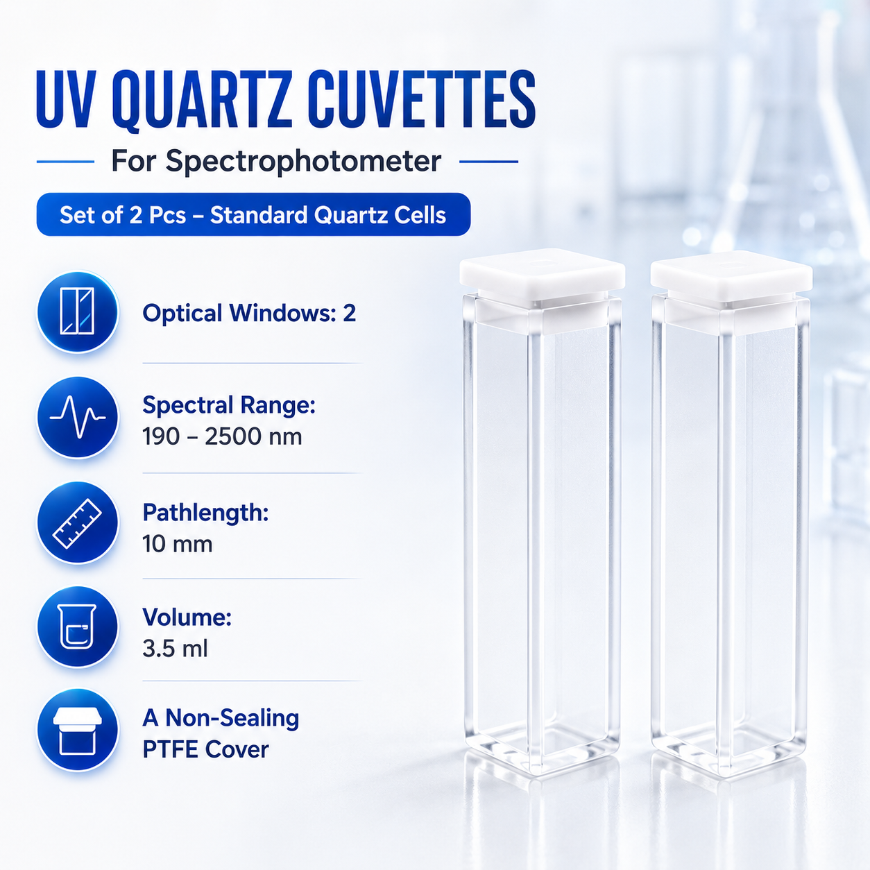BEXCO UV quartz cuvette set with 2 optical windows, PTFE cover and 10 mm pathlength