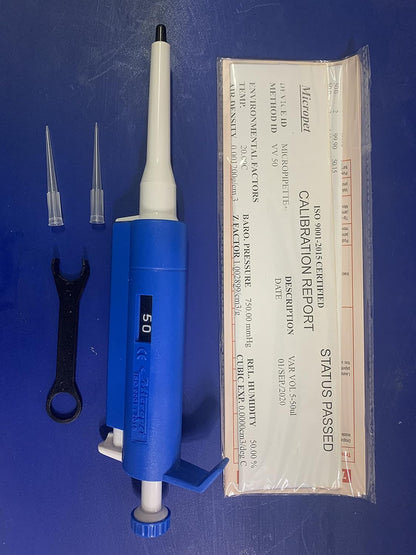 Variable volume MicroPipette Kit: 3 pipettes (0.5-10ul; 10-100ul; 100-1000ul), Autoclavable with calibration report  M Point 5